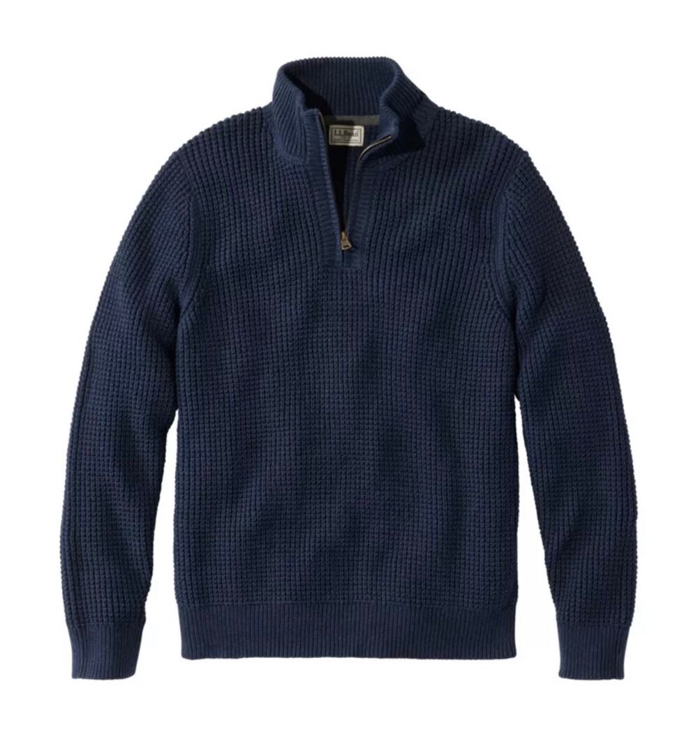 LL Bean Men's Organic Cotton Waffle Knit Sweater Quarter Zip Navy Blue XL